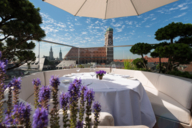 View of the Frauenkirche in Munich from the Blue Spa terrace Bird's Nest at the Hotel Bayerischer Hof.